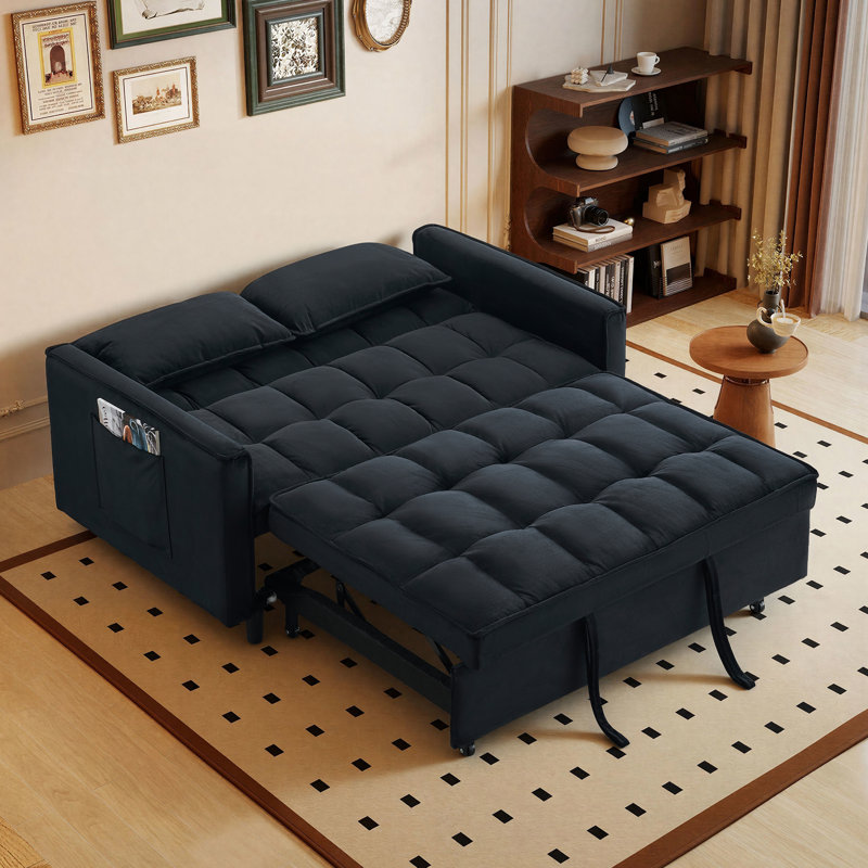 55'' Velvet Upholstered Reclining Convertible Sleeper Pull Out Sofa Bed with Side Storage Pockets, Multi-Functional Adjustable Backrest Couch
