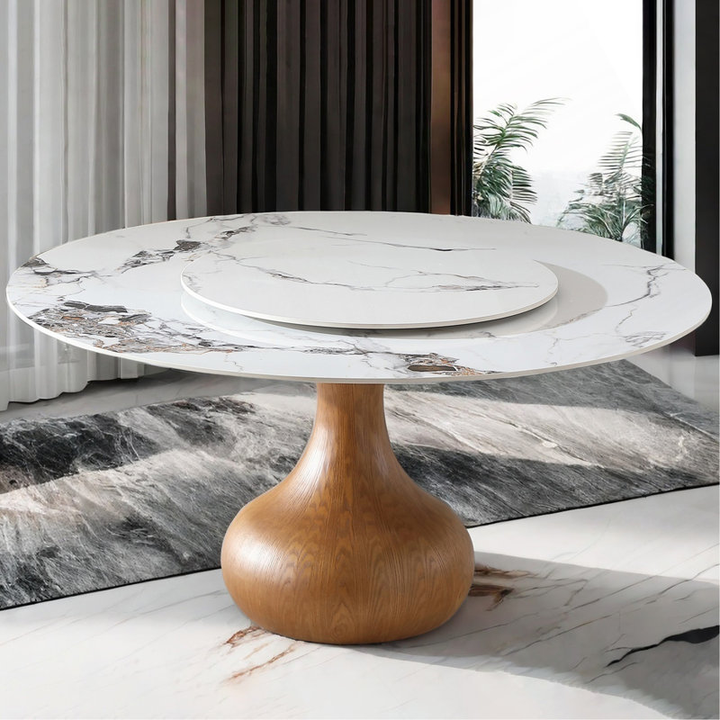 Table de salle à manger en marbre moderne, table en pierre frittée ronde de 59 po pour la salle à manger, cuisine, coin-repas, espace compact avec plateau tournant (table seulement)