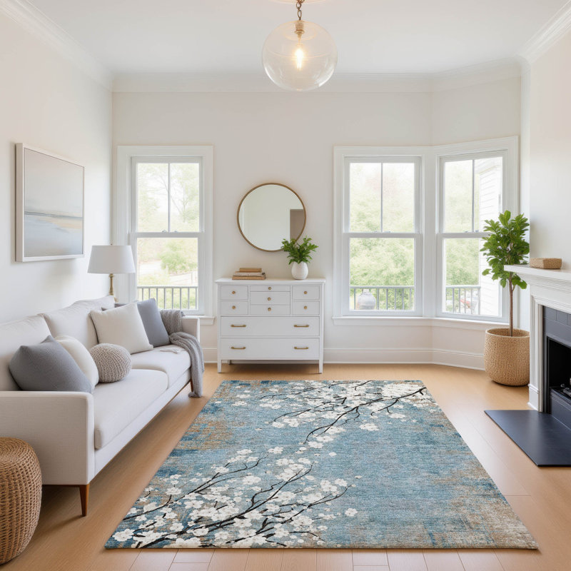 Tapis floral lavable à la machine de qualité supérieure Mayfield AMF2248, En jean, 9 pi x 12 pi