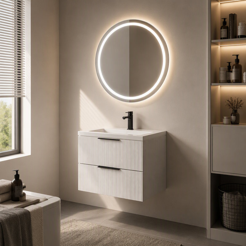 Meuble-lavabo de salle de bain 30 po avec lavabo en céramique - Meuble-lavabo flottant mural gris avec tiroirs, moderne