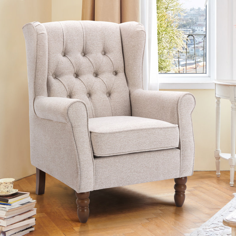 Button-Tufted Wingback Accent Chair - Solid Wood Legs with Rolled Arm &Thick Padded Cushion, Brown, Beige Polyester