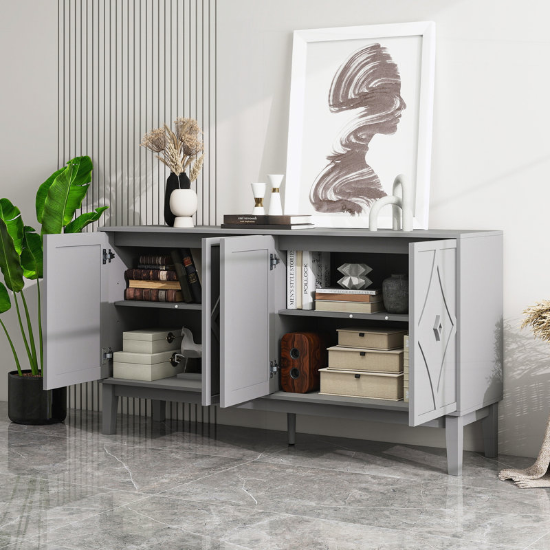 Armoire de rangement rétro avec portes géométriques sculptées à la main