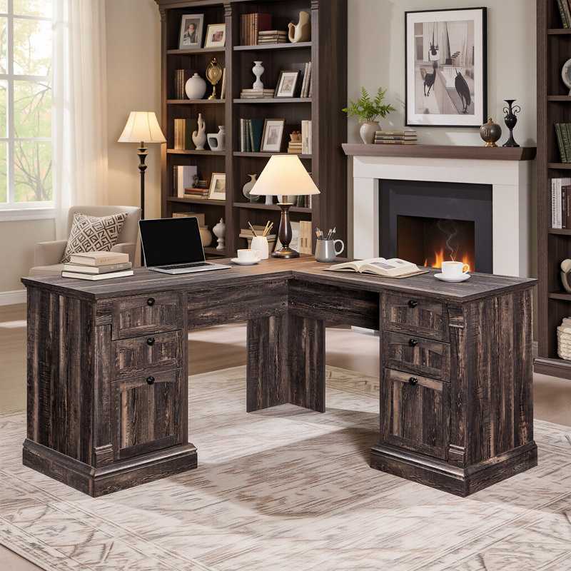 60" L Shaped Executive Desk with Drawers & Charging Station, Dark Rustic Oak