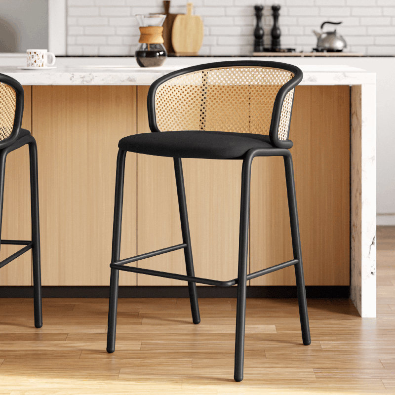 Daishun Modern Wicker Bar Stool with Fabric Seat and Powder Coated Steel Frame, Black