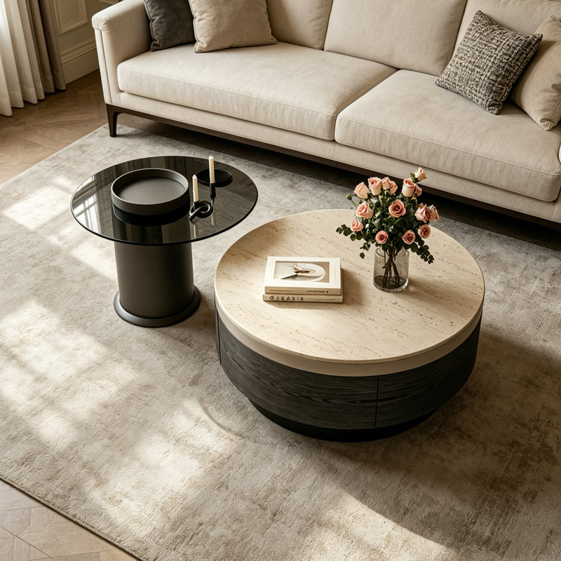 Tables basses avec rangement Towanda, H 12,99 po x L 27,55 po x l 27,55 po, Beige / Gris / Noir