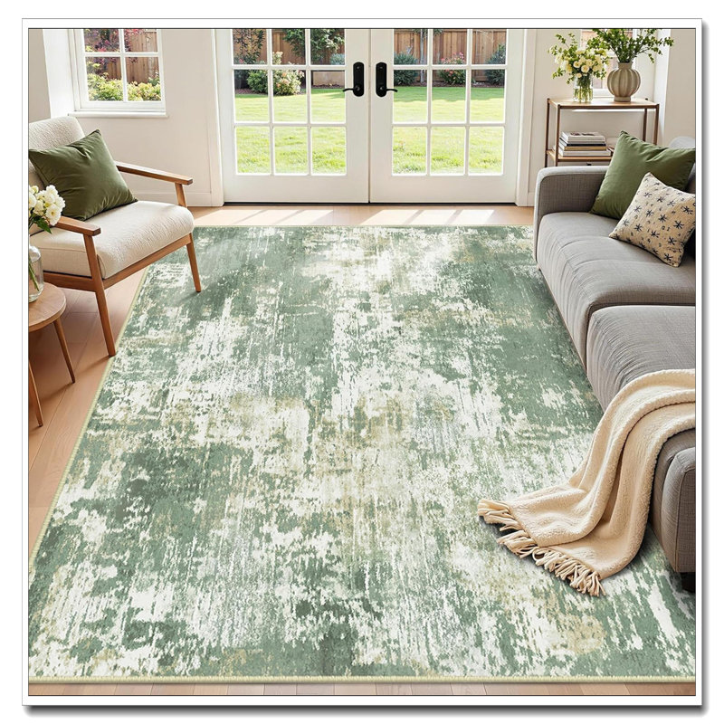 Tides Series 8'X10' Washable Non-Slip Rug - Modern Abstract Print (Light Green/Yellow) For Living Room, Light Green/Yellow