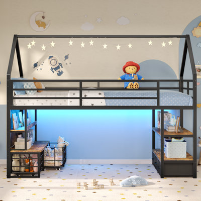 Low Loft Bed Twin Size With 5 Storage Drawers & Bookcase,twin Loft Bed With Led Lights, Open Storage Shelves, Metal Loft Bed With 13.4in Guardrail,under-bed Play Space,house Shape