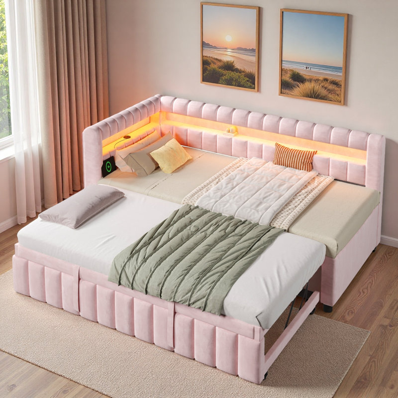 Lit de jour rembourré avec lumières DEL, ports USB et lit gigogne escamotable, Pink