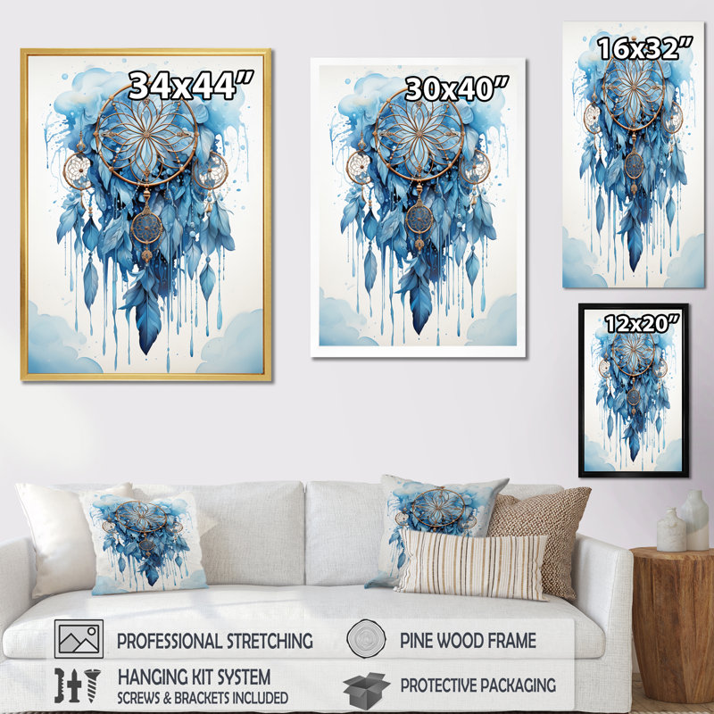 «Blue Boho Dreamcatcher Watercolor I», reproduction sur toile, H 20 po x l 12 po x P 1 po, Cadre flottant doré