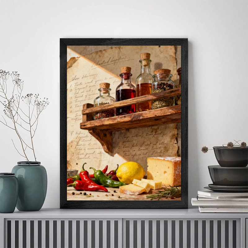 Art encadré noir, légumes rétro et assaisonnements, impressions de style rétro, H 37 po x l 25 po