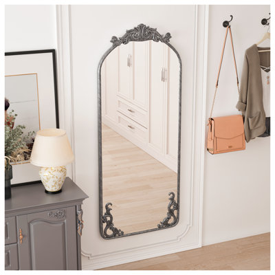 Miroir arqué pleine longueur 58 po, miroir mural argent antique avec cadre sculpté orné rétro, décoration rétro pour le salon, la chambre à coucher