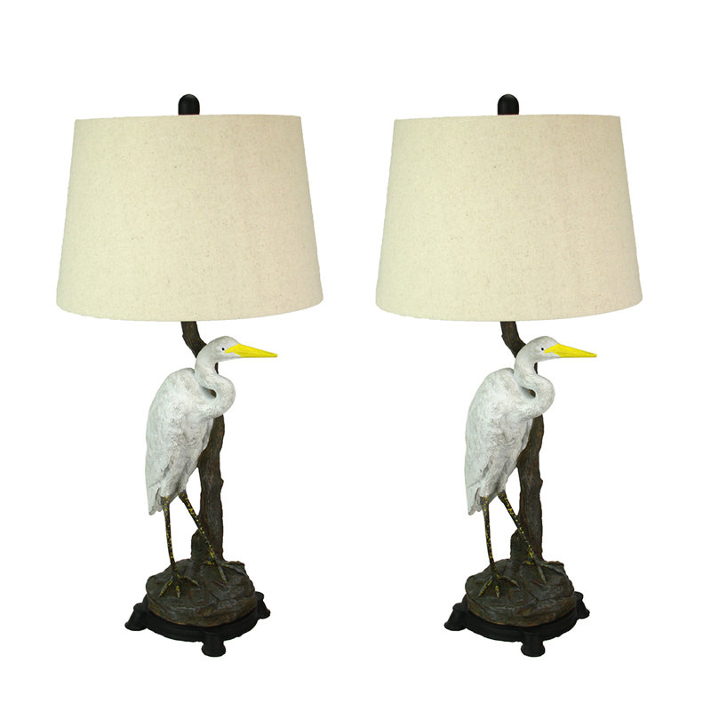 Ensemble de 2 lampes de table en résine, peintes à la main, représentant un grand héron blanc, de style côtier multicolore, hauteur 77,5 cm.