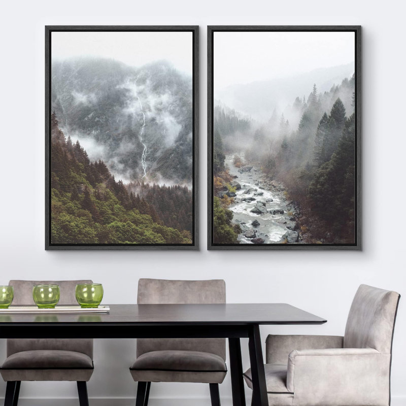Forêt, forêt, vue aérienne, brume, rivière, montagne, nature, paysage rustique, Noir, H 24 po x l 32 po