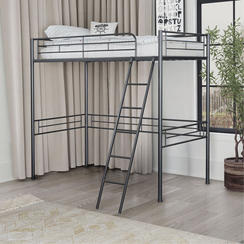 Twin Loft Bed Contemporary Style With Open Area Underneath Metal Structure, Black