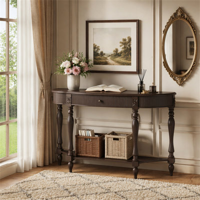 Console demi-lune en bois massif avec tiroir et tablette