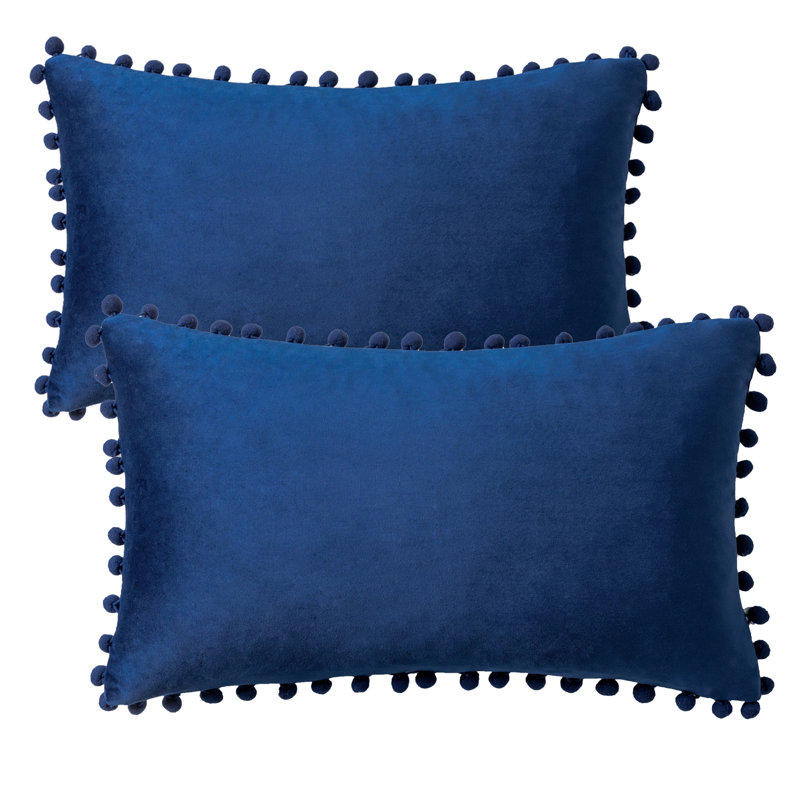 Coussin Silky Velvet Series Pom-poms, Marine, Housse de coussin et insert, Rectangle H 12 po x l 20 po