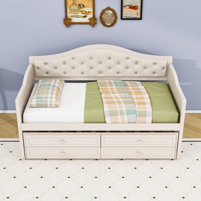 Twin Daybed with Upholstered Button-Tufted Backrest,Twin Trundle and Storage Drawers, Beige