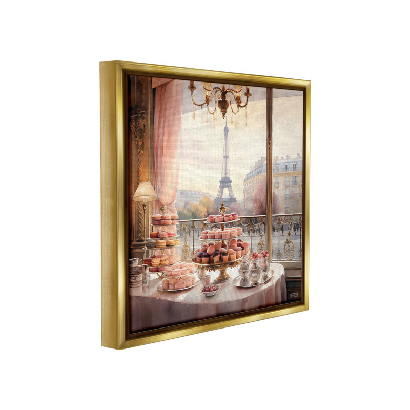 «Parisian Desserts City View Elm Brown», toile encadrée flottante par RB, Cadre flottant métallique doré, H 25 po x l 25 po