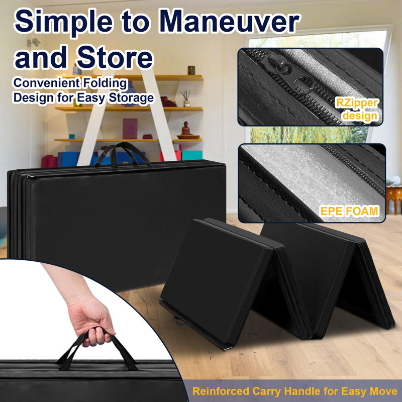 Black 3'x6'x2'' Folding Gymnastics Exercise Mat with PU Leather