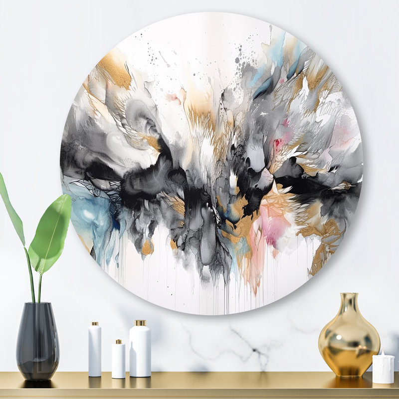 White And Grey Geometric Depths II - Abstract Geometric Round Wall Art on Metal, 29" H x 29" W x 1" D