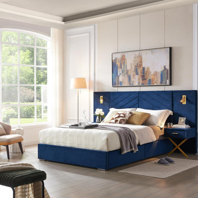 King Size Velvet Bed Frame/Vertical Channel Tufted Wingback Headboard/Upholstered Platform Bed/Strong Wooden Slats/No Box Spring Needed/Easy Assembly