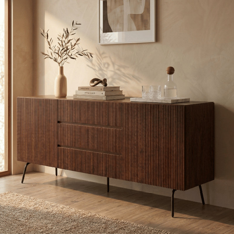 Sideboard Drawers Buffet Cabinet with Groove Design and Metal Legs, Storage Cabinet for Living Room, Dining Room, and Entryway, Effortless Assembly