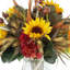 Sunflower, Hydrangea and Pomegranate Fall Arrangement in a Glass Vase