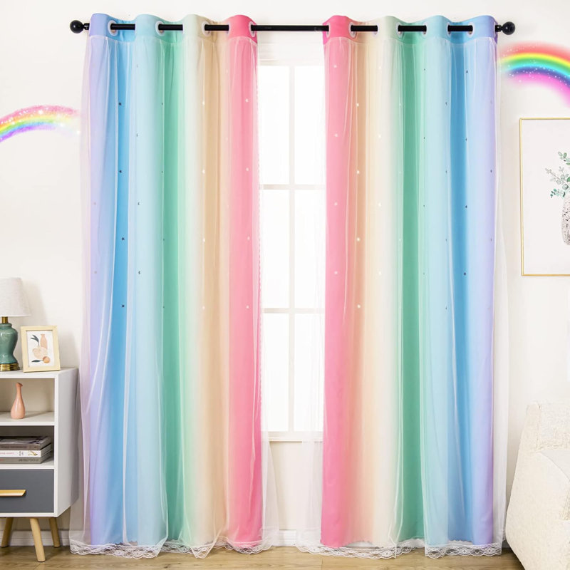 2 Panels Blackout Stars Curtains For Girls Bedroom Kids Aesthetic Living Room Decor Colorful Double Layer Star Cut Out Stripe Window Wall Home Decoration Curtain,W52 X L63 Inches, Rainbow