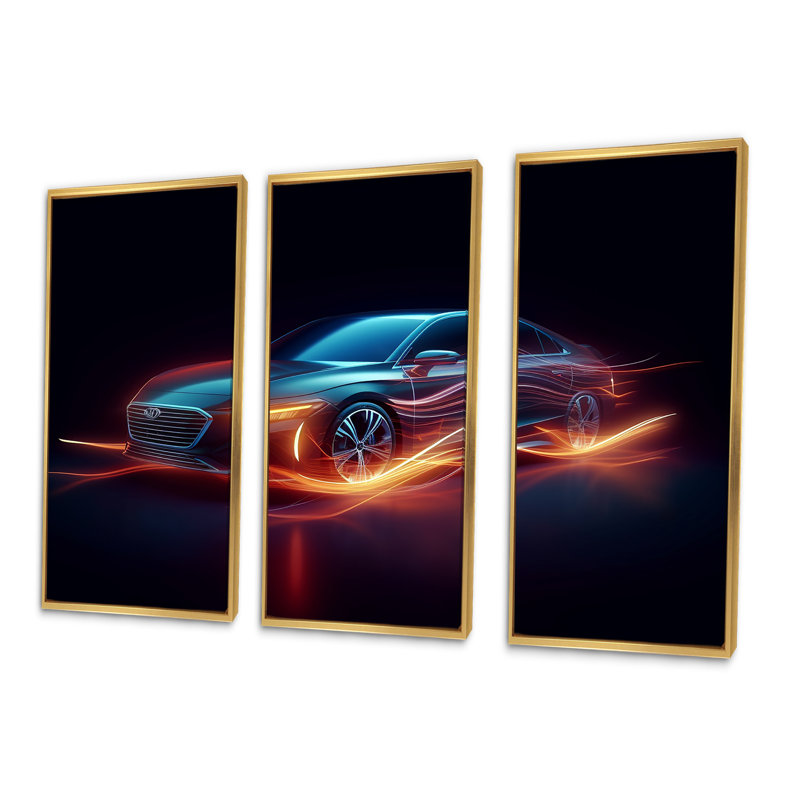 «Neon Light Strips Luxury Car - Cars Luxury Decor Wall Art», ensemble, Cadre flottant doré, H 28 po x l 36 po x P 1 po