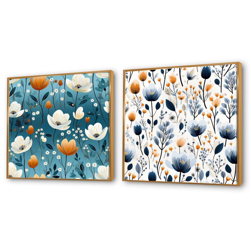 «Meadow», ensemble de 2 collages carrés botaniques abstraits à motif floral bleu et beige, Cadre flottant doré