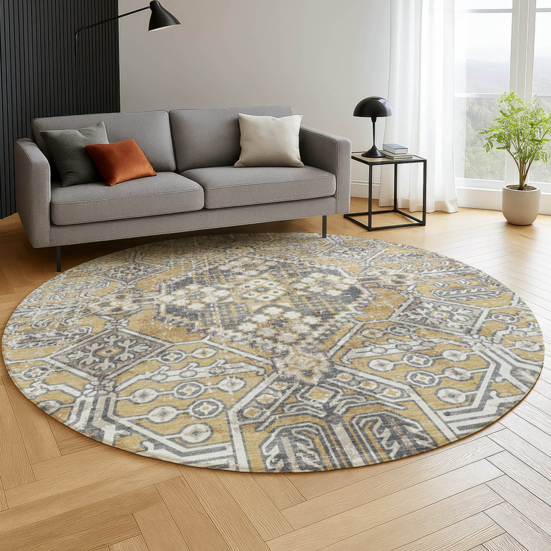 Premium Machine Washable Mayfield AMF2197 global Rug, Gold, 8' Round