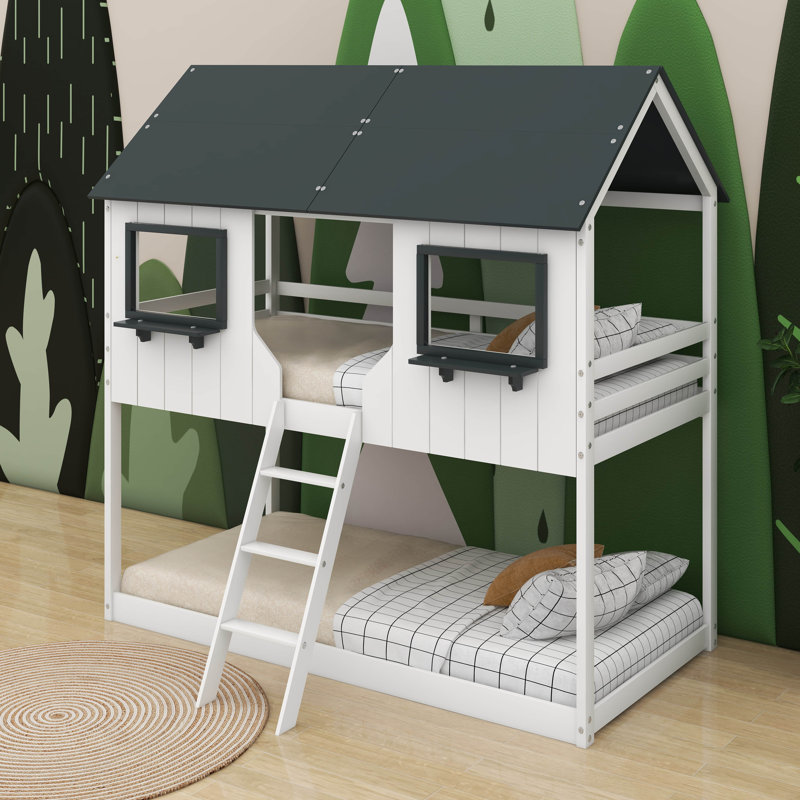 Twin Over Twin Bunk Bed Wood Bed With Roof, White