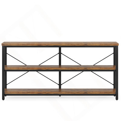 55-Inch Industrial Console Table With 3-Tier Open Shelves, Rustic Brown Narrow Sofa Table For Living Room And Hallway