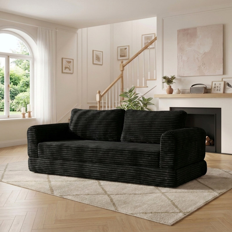 Canapé-lit futon de 76 pouces rétro convertible avec siège à nuage profond et housses lavables, Black
