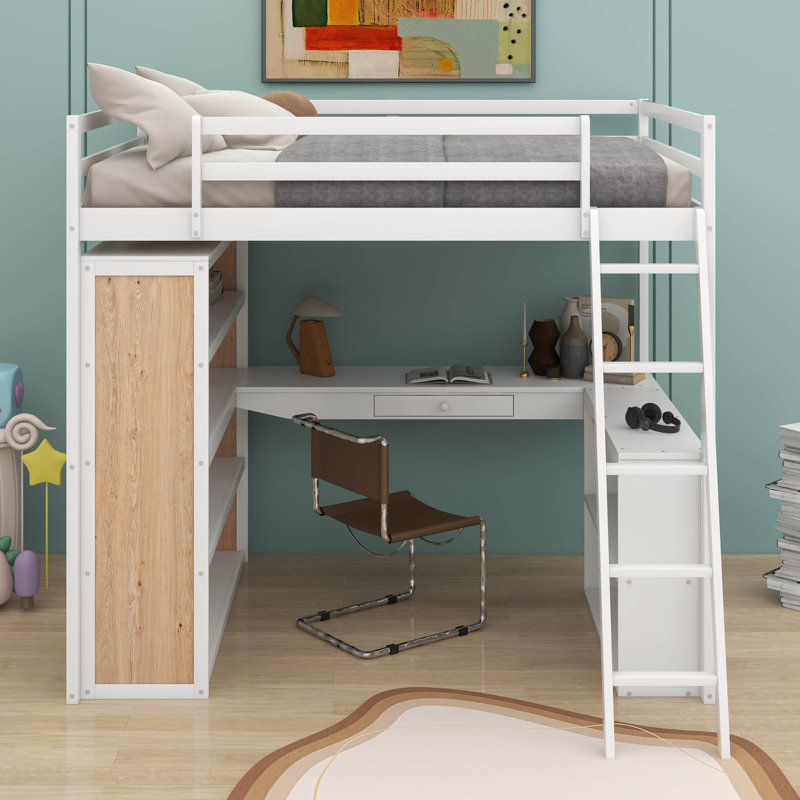Lit mezzanine double avec tablettes et bureau, Blanc