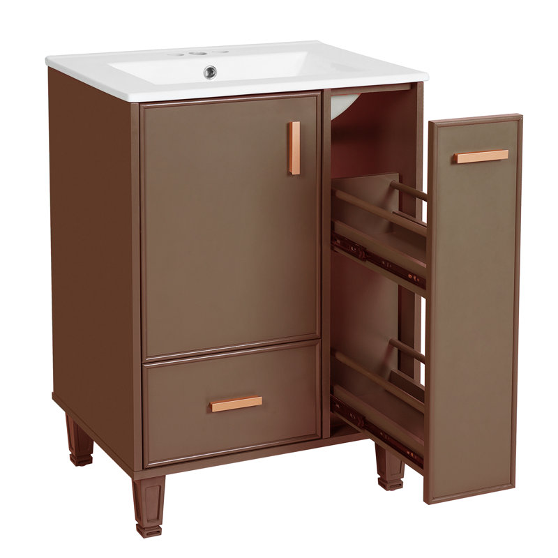 Meuble-lavabo simple 24 po avec comptoir en céramique 24 po, Brun