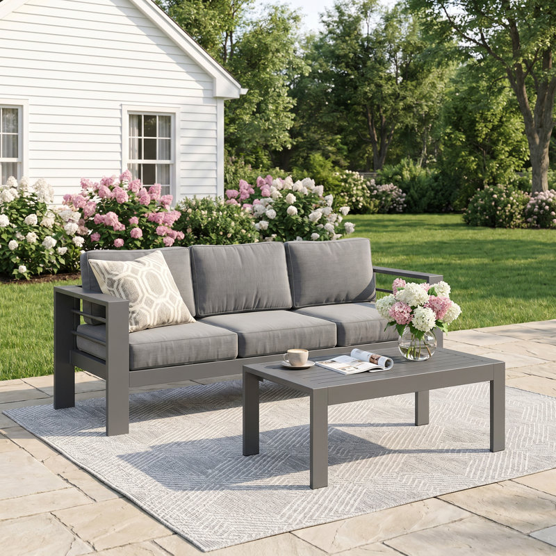 Ensemble de conversation pour l'extérieur en aluminium avec coussins 3 personnes, 2 Pcs: Coffee Table, Sofa, Grey, Grey