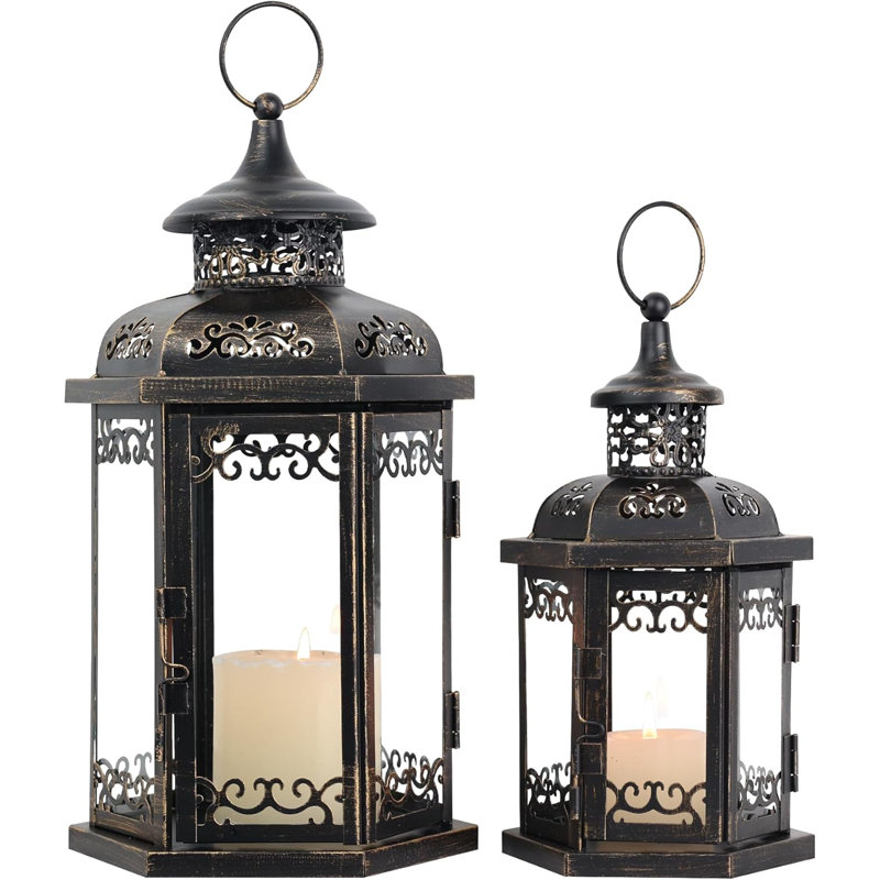 Large Lantern Decorative Outdoor & Indoor, Set of 2 (15’’&11’’) Metal Candle Lanterns Decor, Vintage Hanging Candle Holder