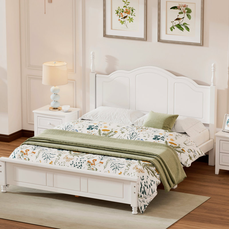 Retro Style Queen Size Wood Bed Frame With Wooden Slat Support, White Platform Frame, Look Steady Framework,