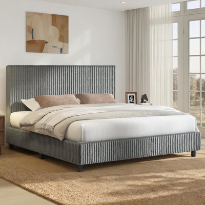 Très grande base de lit tapissier très grand avec tête de lit verticale en velours côtelé, gris