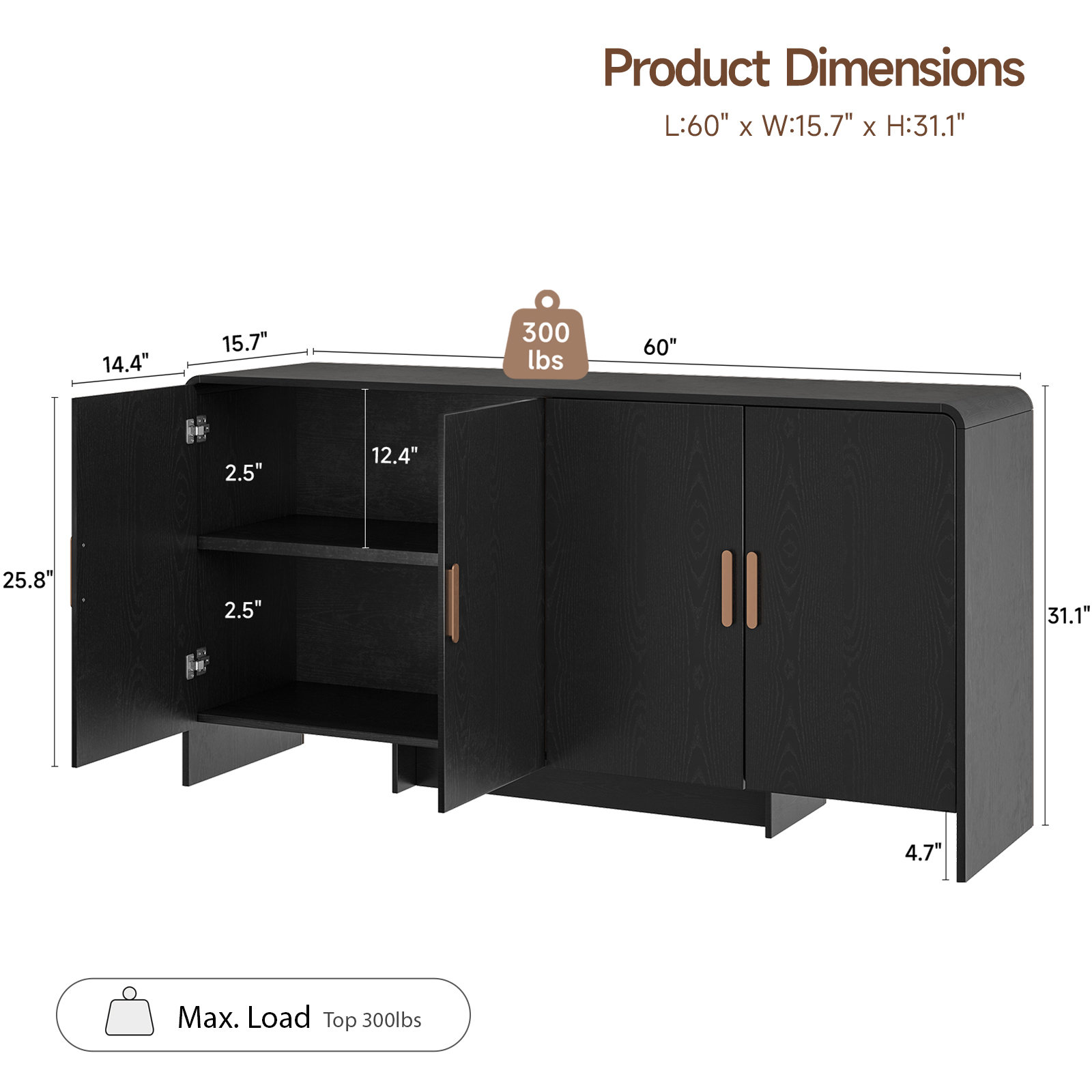 60” Sideboard Curved Cabinet With 4 Doors