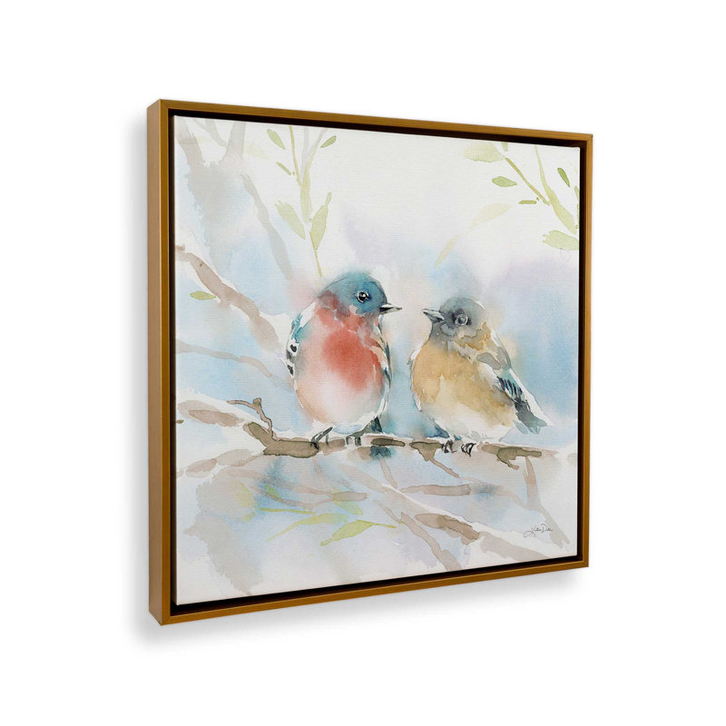 «Bluebird pair in Spring» par Katrina Pete - reproduction d'art sur toile tendue, H 36 po x l 36 po, Toile encadrée, Doré