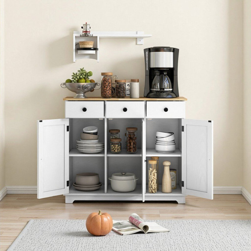Distressed White Sideboard - Solid Wood Countertop Coffee Bar Cabinet with 3 Drawers, Doors & Adjustable Storage Shelf, 39.8" L x 15.8" D