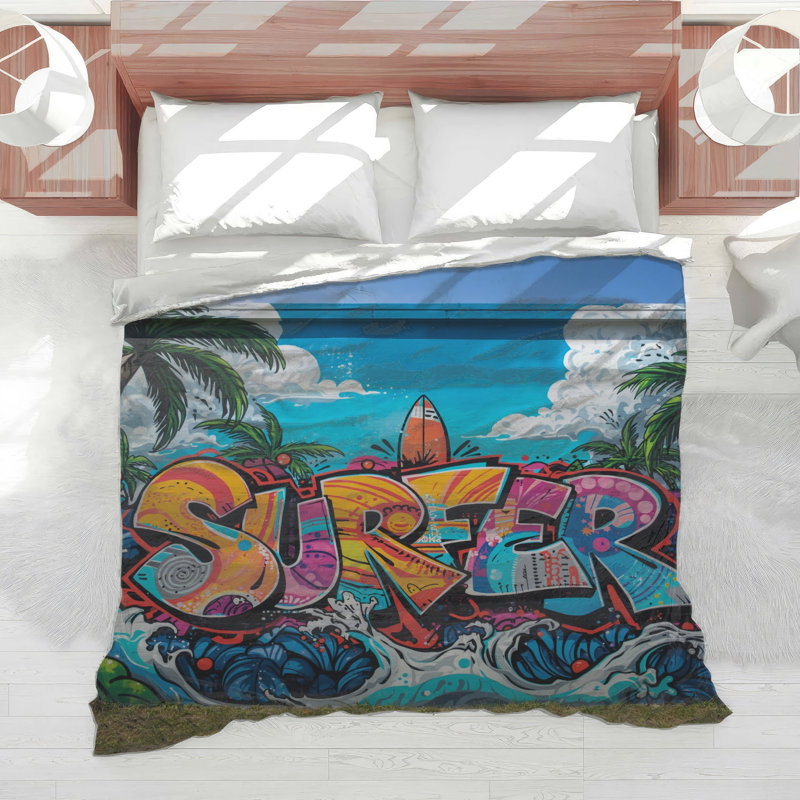 Colorful Surfer Graffiti Mural Comforter, Queen
