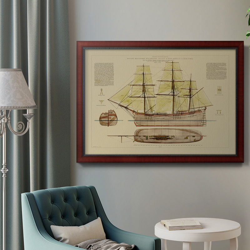 Toile encadrée de qualité supérieure Antique Ship Plan VII - prête à être accrochée, H 24 po x l 36 po x P 2,5 po