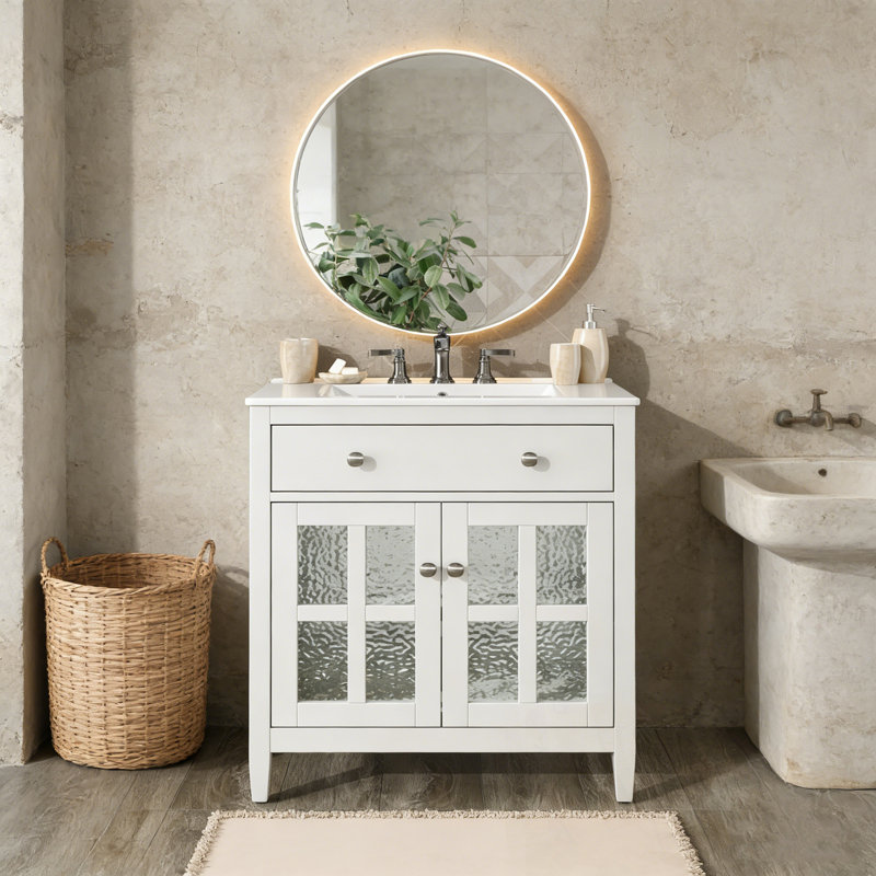 Meuble-lavabo avec lavabo, tablette réglable et 2 portes en verre, Blanc