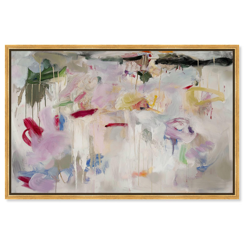 Lilas brume sur toile Modern Abstracts par, Cadre doré, H 31 po x l 46 po