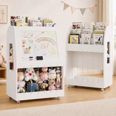 31.5" H Toy Storage Organizer, 3-Tier Kids Bookcase with Stuffed Animal Storage, Magnetic Drawing Board, 26 Letter Magnets & Swivel Wheels for Playroo by Ebern Designs