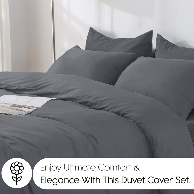 Edyson Microfiber Solid Colour Duvet Cover Set with Pillowcases, Charcoal, Double - 2 Standard Pillowcases