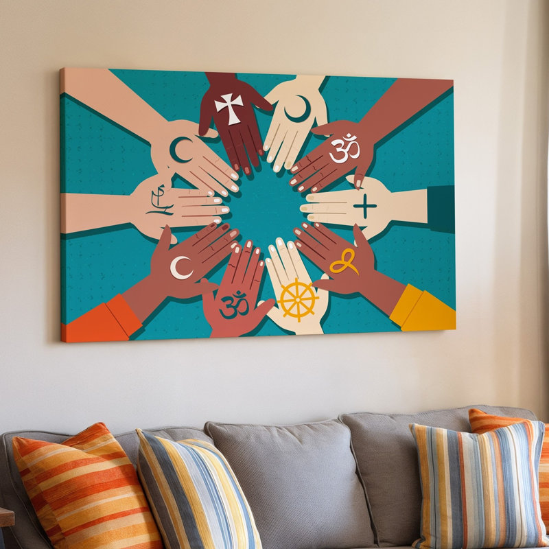 Toile, une illustration numérique vibrante mettant en vedette un cercle de mains variées représentant chacune un art mural sur toile différent